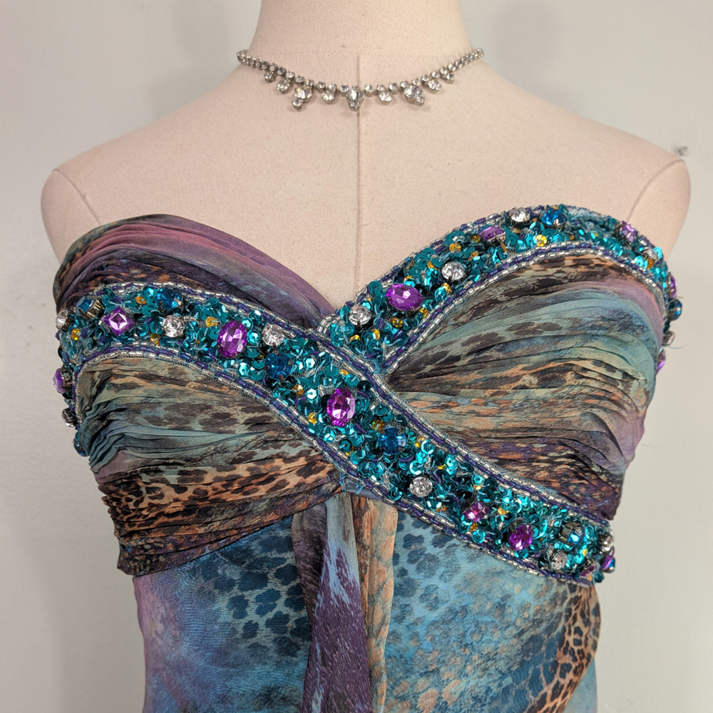 Y2K Sherri Hill Prom Dress Knee Gown 6 Purple Multi Leopard Hoco Fairy Babydoll - Picture 8 of 15